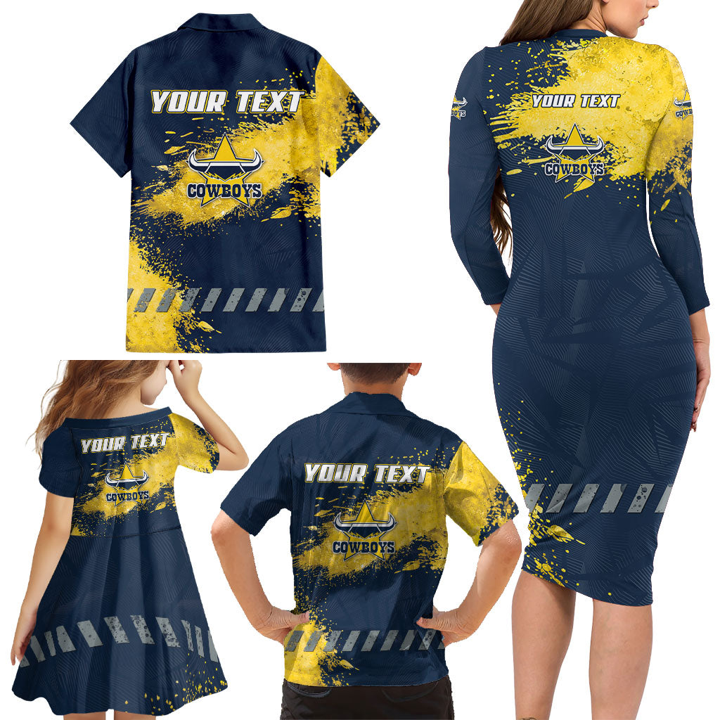 Personalised North Queensland Cowboys Rugby Family Matching Long Sleeve Bodycon Dress and Hawaiian Shirt Wolf Mascot - Sporty Splash Art Style