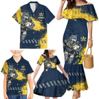 Personalised North Queensland Cowboys Rugby Family Matching Mermaid Dress and Hawaiian Shirt Wolf Mascot - Sporty Splash Art Style