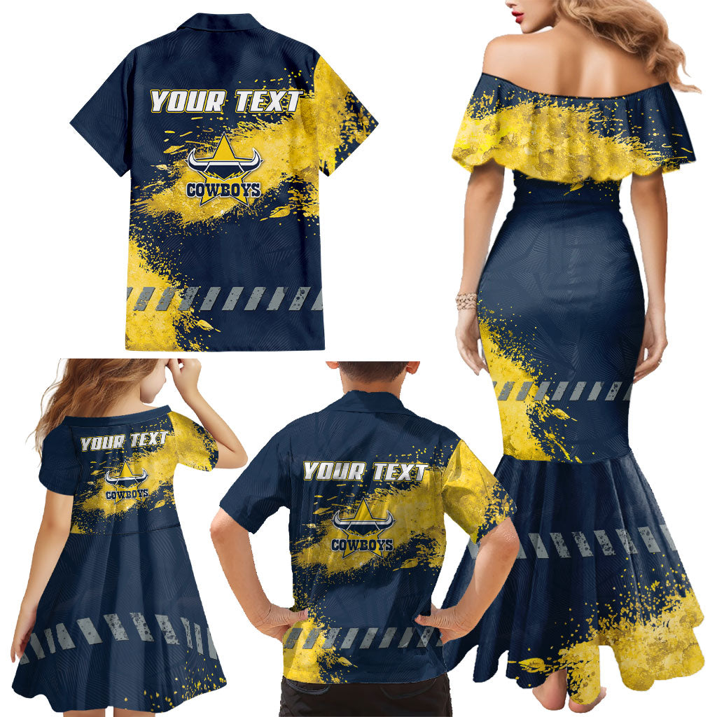 Personalised North Queensland Cowboys Rugby Family Matching Mermaid Dress and Hawaiian Shirt Wolf Mascot - Sporty Splash Art Style