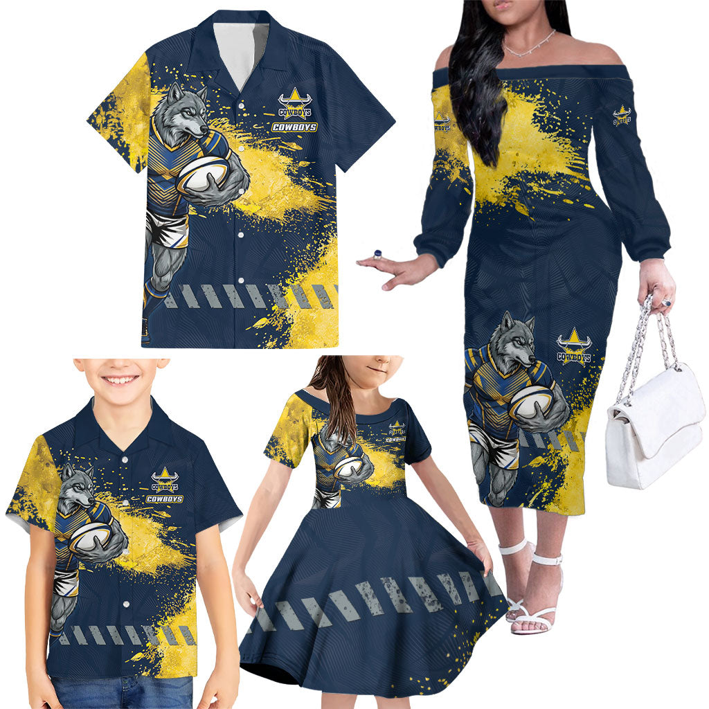 Personalised North Queensland Cowboys Rugby Family Matching Off The Shoulder Long Sleeve Dress and Hawaiian Shirt Wolf Mascot - Sporty Splash Art Style