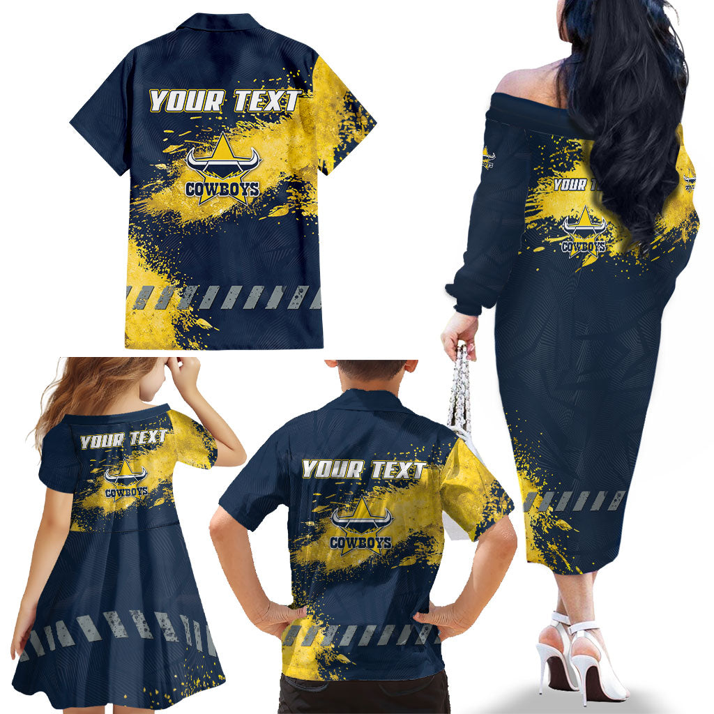 Personalised North Queensland Cowboys Rugby Family Matching Off The Shoulder Long Sleeve Dress and Hawaiian Shirt Wolf Mascot - Sporty Splash Art Style