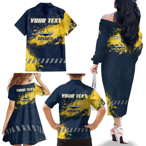 Personalised North Queensland Cowboys Rugby Family Matching Off The Shoulder Long Sleeve Dress and Hawaiian Shirt Wolf Mascot - Sporty Splash Art Style