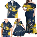 Personalised North Queensland Cowboys Rugby Family Matching Off Shoulder Maxi Dress and Hawaiian Shirt Wolf Mascot - Sporty Splash Art Style