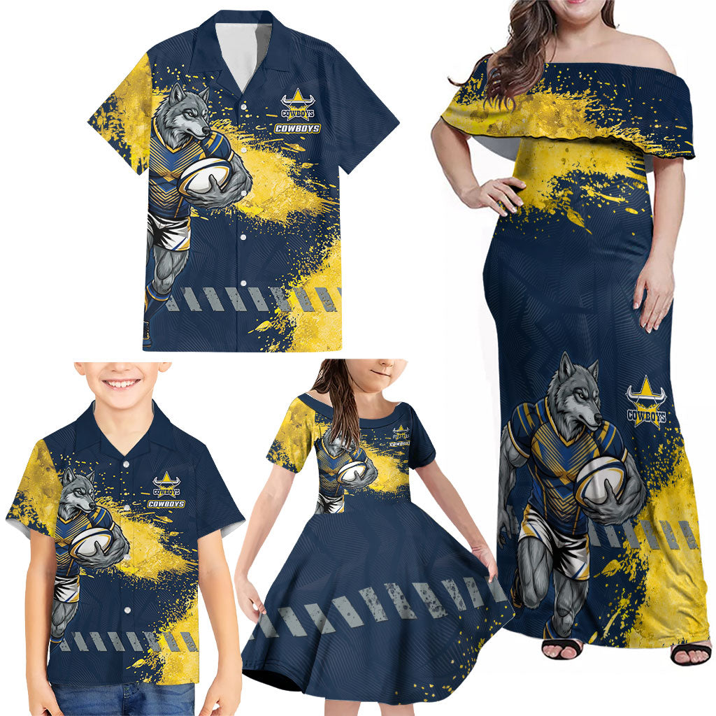 Personalised North Queensland Cowboys Rugby Family Matching Off Shoulder Maxi Dress and Hawaiian Shirt Wolf Mascot - Sporty Splash Art Style
