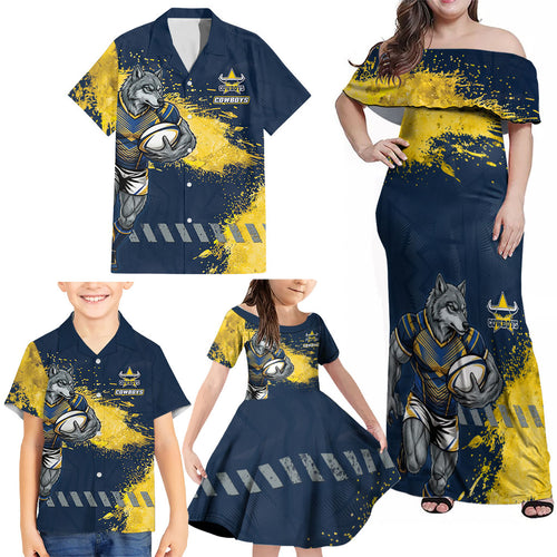 Personalised North Queensland Cowboys Rugby Family Matching Off Shoulder Maxi Dress and Hawaiian Shirt Wolf Mascot - Sporty Splash Art Style