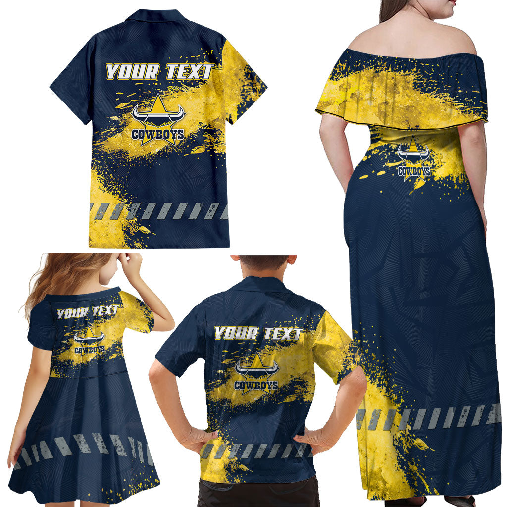 Personalised North Queensland Cowboys Rugby Family Matching Off Shoulder Maxi Dress and Hawaiian Shirt Wolf Mascot - Sporty Splash Art Style