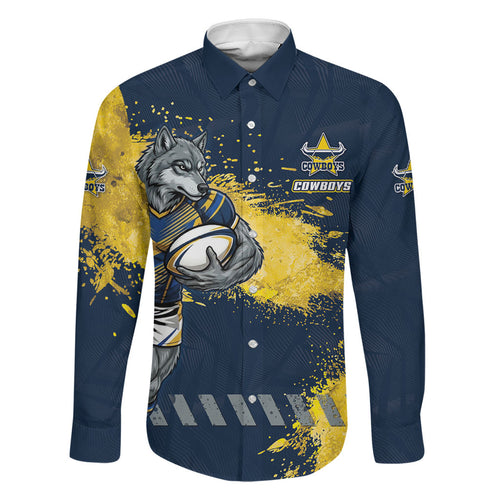 Personalised North Queensland Cowboys Rugby Family Matching Off Shoulder Maxi Dress and Hawaiian Shirt Wolf Mascot - Sporty Splash Art Style