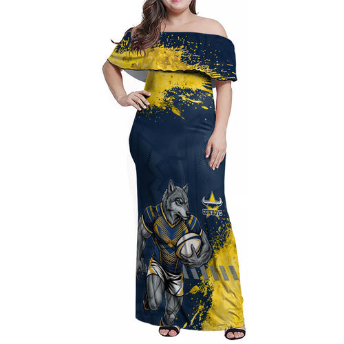 Personalised North Queensland Cowboys Rugby Family Matching Off Shoulder Maxi Dress and Hawaiian Shirt Wolf Mascot - Sporty Splash Art Style