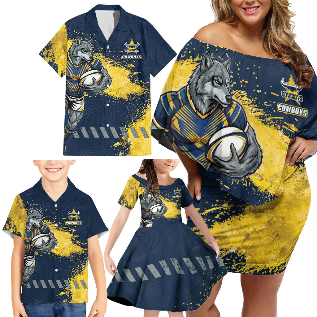 Personalised North Queensland Cowboys Rugby Family Matching Off Shoulder Short Dress and Hawaiian Shirt Wolf Mascot - Sporty Splash Art Style