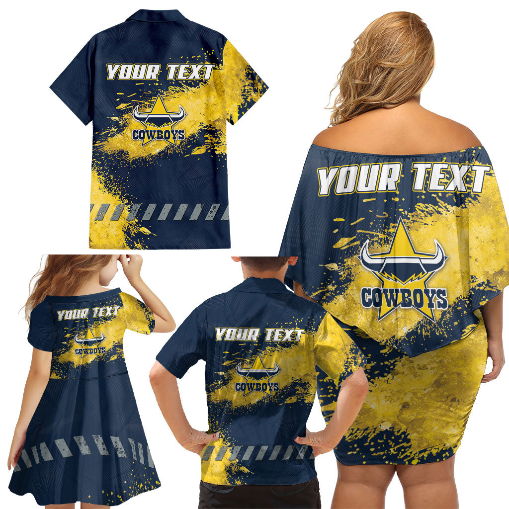 Personalised North Queensland Cowboys Rugby Family Matching Off Shoulder Short Dress and Hawaiian Shirt Wolf Mascot - Sporty Splash Art Style