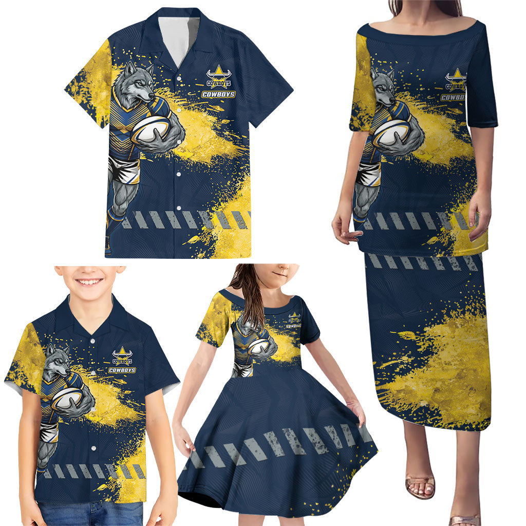 Personalised North Queensland Cowboys Rugby Family Matching Puletasi and Hawaiian Shirt Wolf Mascot - Sporty Splash Art Style