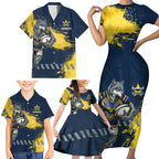 Personalised North Queensland Cowboys Rugby Family Matching Short Sleeve Bodycon Dress and Hawaiian Shirt Wolf Mascot - Sporty Splash Art Style