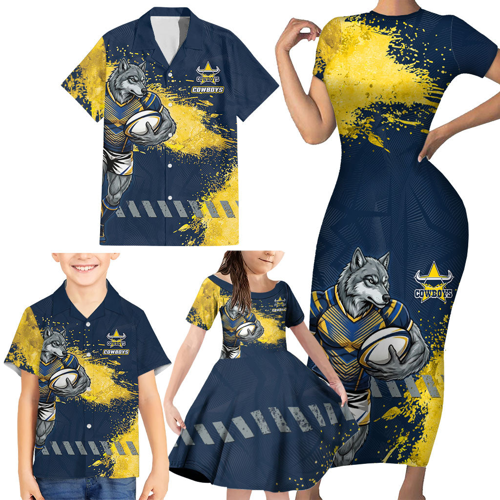 Personalised North Queensland Cowboys Rugby Family Matching Short Sleeve Bodycon Dress and Hawaiian Shirt Wolf Mascot - Sporty Splash Art Style