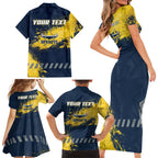 Personalised North Queensland Cowboys Rugby Family Matching Short Sleeve Bodycon Dress and Hawaiian Shirt Wolf Mascot - Sporty Splash Art Style