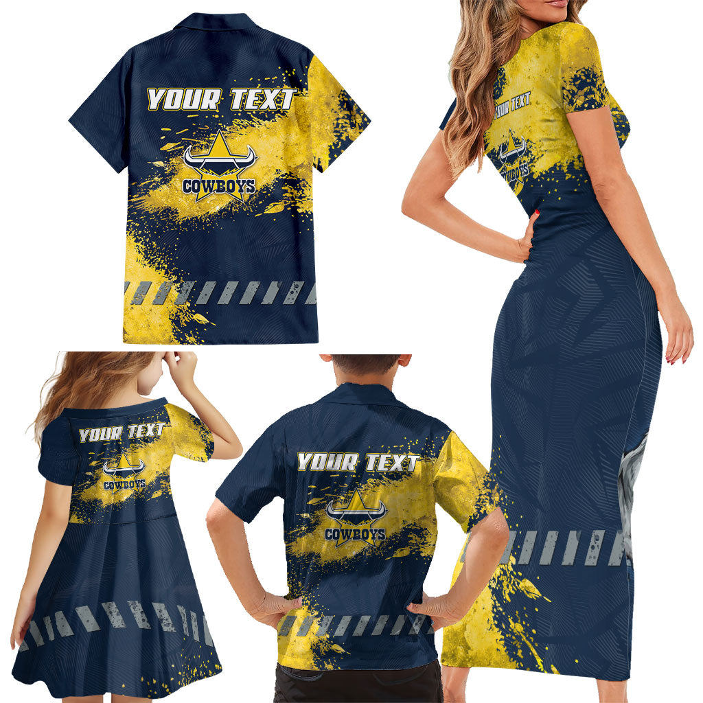 Personalised North Queensland Cowboys Rugby Family Matching Short Sleeve Bodycon Dress and Hawaiian Shirt Wolf Mascot - Sporty Splash Art Style
