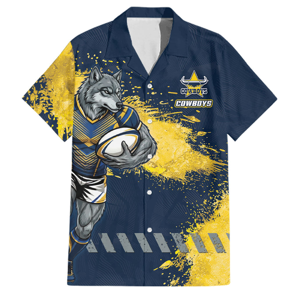 Personalised North Queensland Cowboys Rugby Family Matching Short Sleeve Bodycon Dress and Hawaiian Shirt Wolf Mascot - Sporty Splash Art Style