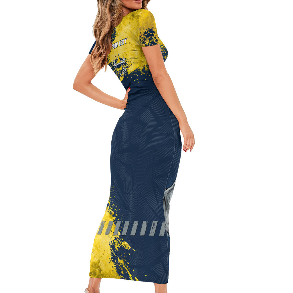 Personalised North Queensland Cowboys Rugby Family Matching Short Sleeve Bodycon Dress and Hawaiian Shirt Wolf Mascot - Sporty Splash Art Style