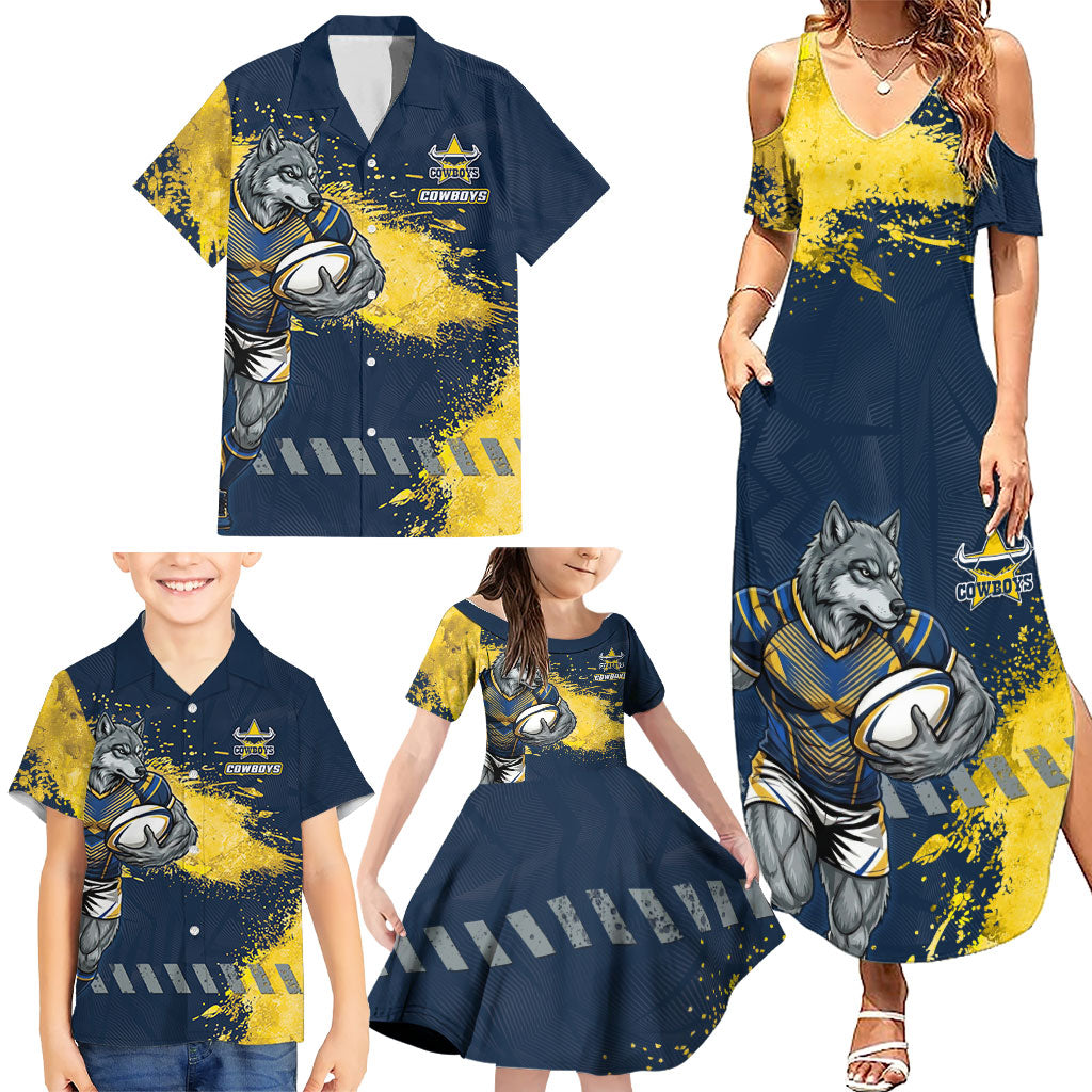 Personalised North Queensland Cowboys Rugby Family Matching Summer Maxi Dress and Hawaiian Shirt Wolf Mascot - Sporty Splash Art Style