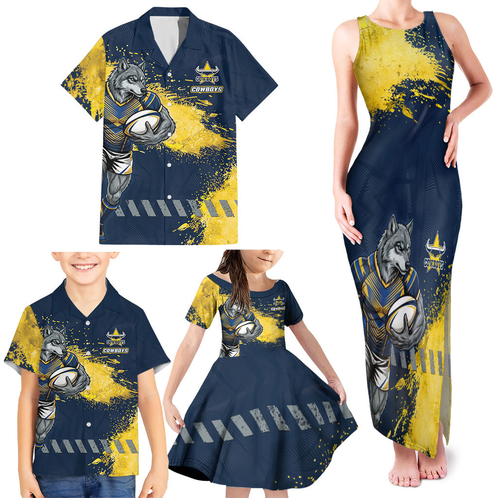 Personalised North Queensland Cowboys Rugby Family Matching Tank Maxi Dress and Hawaiian Shirt Wolf Mascot - Sporty Splash Art Style