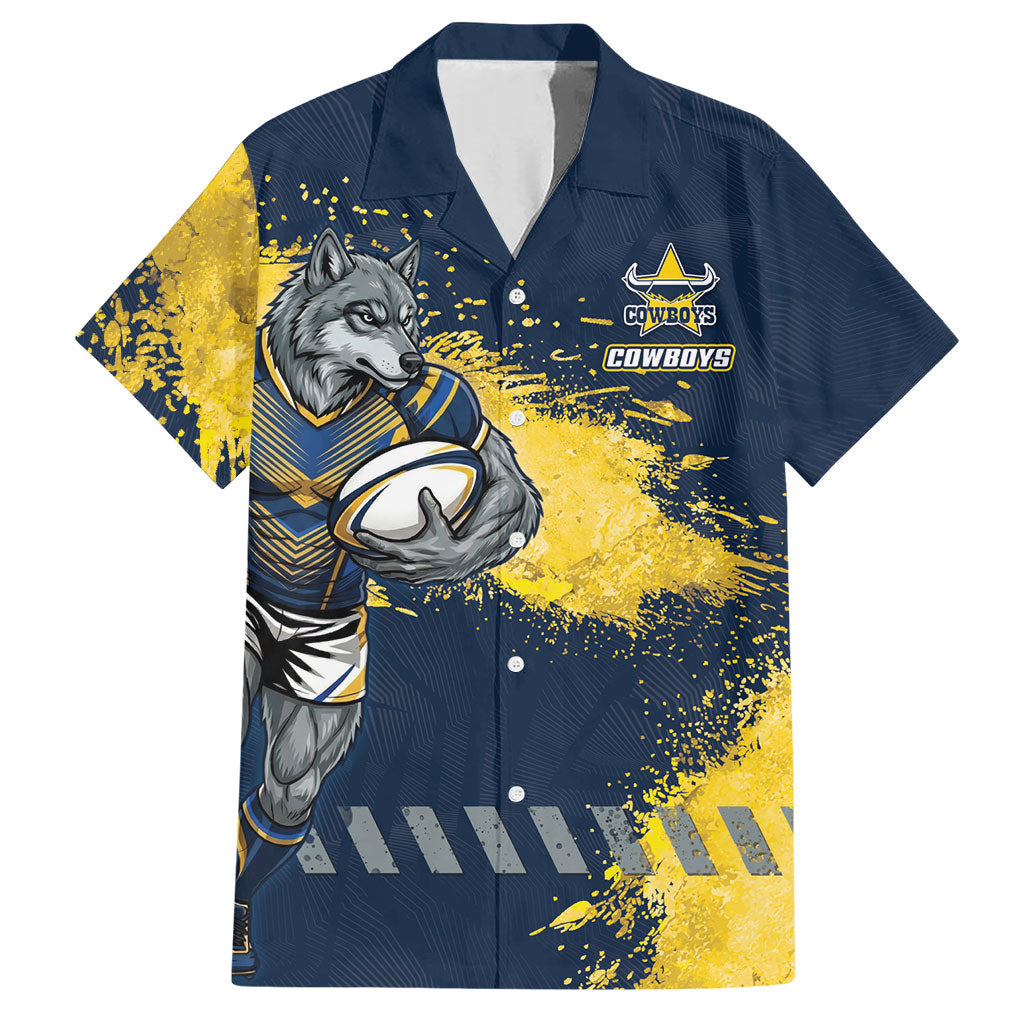 Personalised North Queensland Cowboys Rugby Hawaiian Shirt Wolf Mascot - Sporty Splash Art Style
