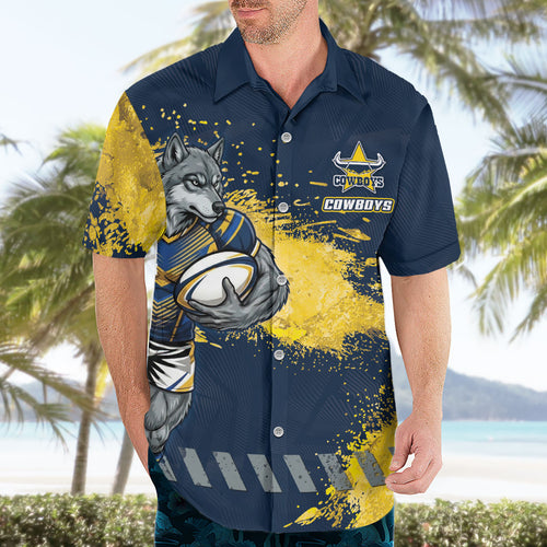 Personalised North Queensland Cowboys Rugby Hawaiian Shirt Wolf Mascot - Sporty Splash Art Style