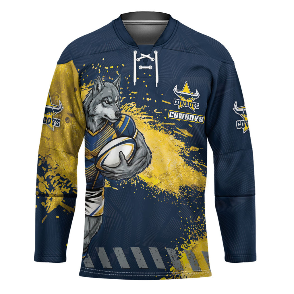 Personalised North Queensland Cowboys Rugby Hockey Jersey Wolf Mascot - Sporty Splash Art Style