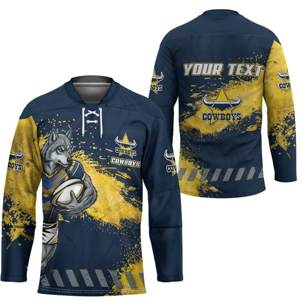 Personalised North Queensland Cowboys Rugby Hockey Jersey Wolf Mascot - Sporty Splash Art Style