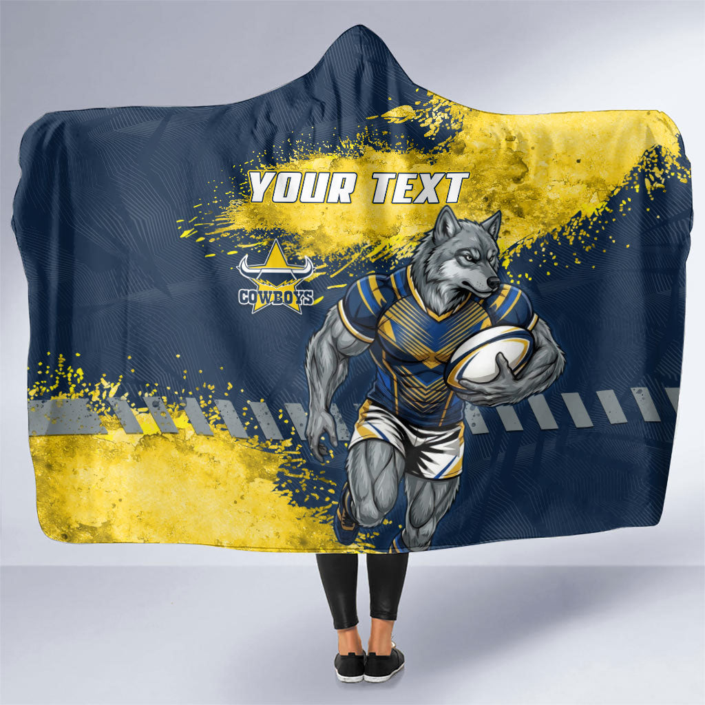 Personalised North Queensland Cowboys Rugby Hooded Blanket Wolf Mascot - Sporty Splash Art Style