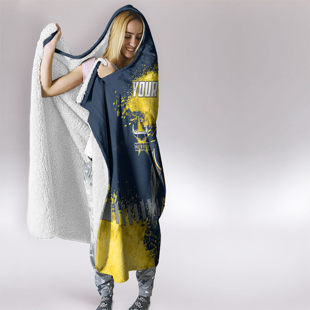 Personalised North Queensland Cowboys Rugby Hooded Blanket Wolf Mascot - Sporty Splash Art Style