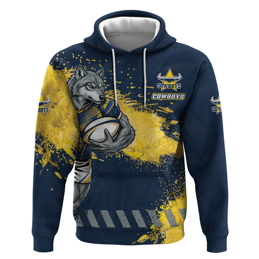 Personalised North Queensland Cowboys Rugby Hoodie Wolf Mascot - Sporty Splash Art Style