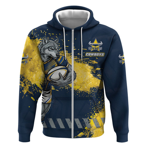 Personalised North Queensland Cowboys Rugby Hoodie Wolf Mascot - Sporty Splash Art Style