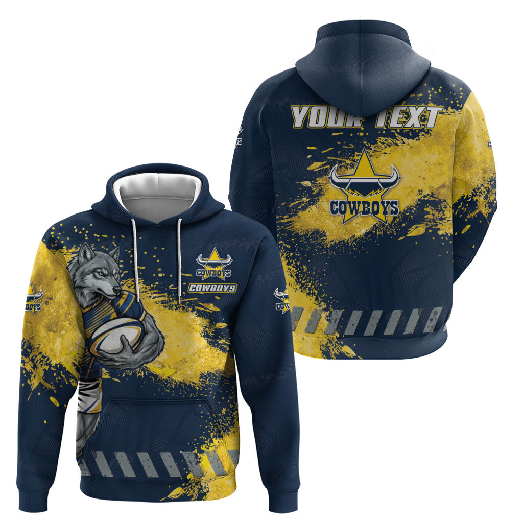 Personalised North Queensland Cowboys Rugby Hoodie Wolf Mascot - Sporty Splash Art Style