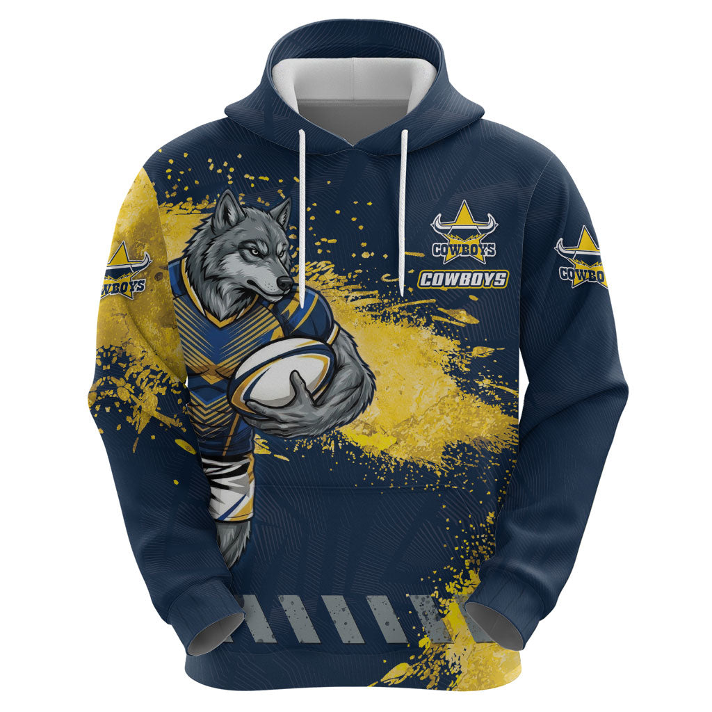 Personalised North Queensland Cowboys Rugby Hoodie Wolf Mascot - Sporty Splash Art Style
