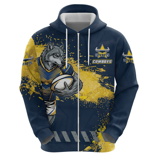 Personalised North Queensland Cowboys Rugby Hoodie Wolf Mascot - Sporty Splash Art Style