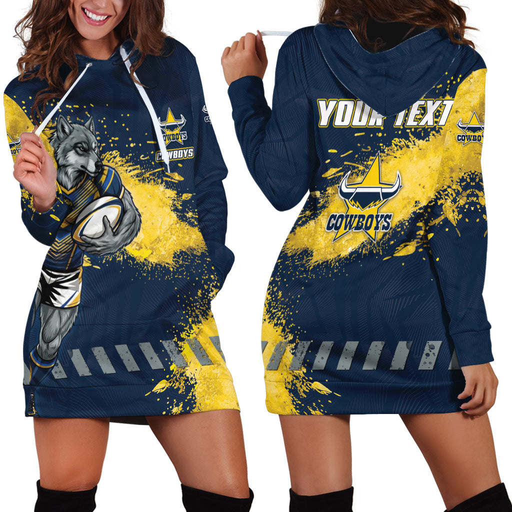 Personalised North Queensland Cowboys Rugby Hoodie Dress Wolf Mascot - Sporty Splash Art Style