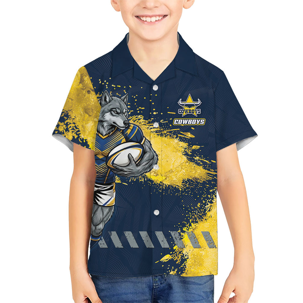 Personalised North Queensland Cowboys Rugby Kid Hawaiian Shirt Wolf Mascot - Sporty Splash Art Style