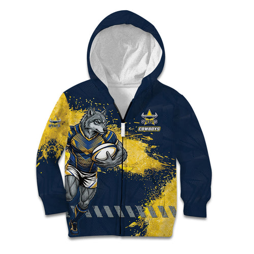 Personalised North Queensland Cowboys Rugby Kid Hoodie Wolf Mascot - Sporty Splash Art Style