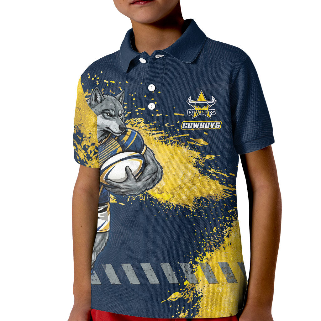 Personalised North Queensland Cowboys Rugby Kid Polo Shirt Wolf Mascot - Sporty Splash Art Style