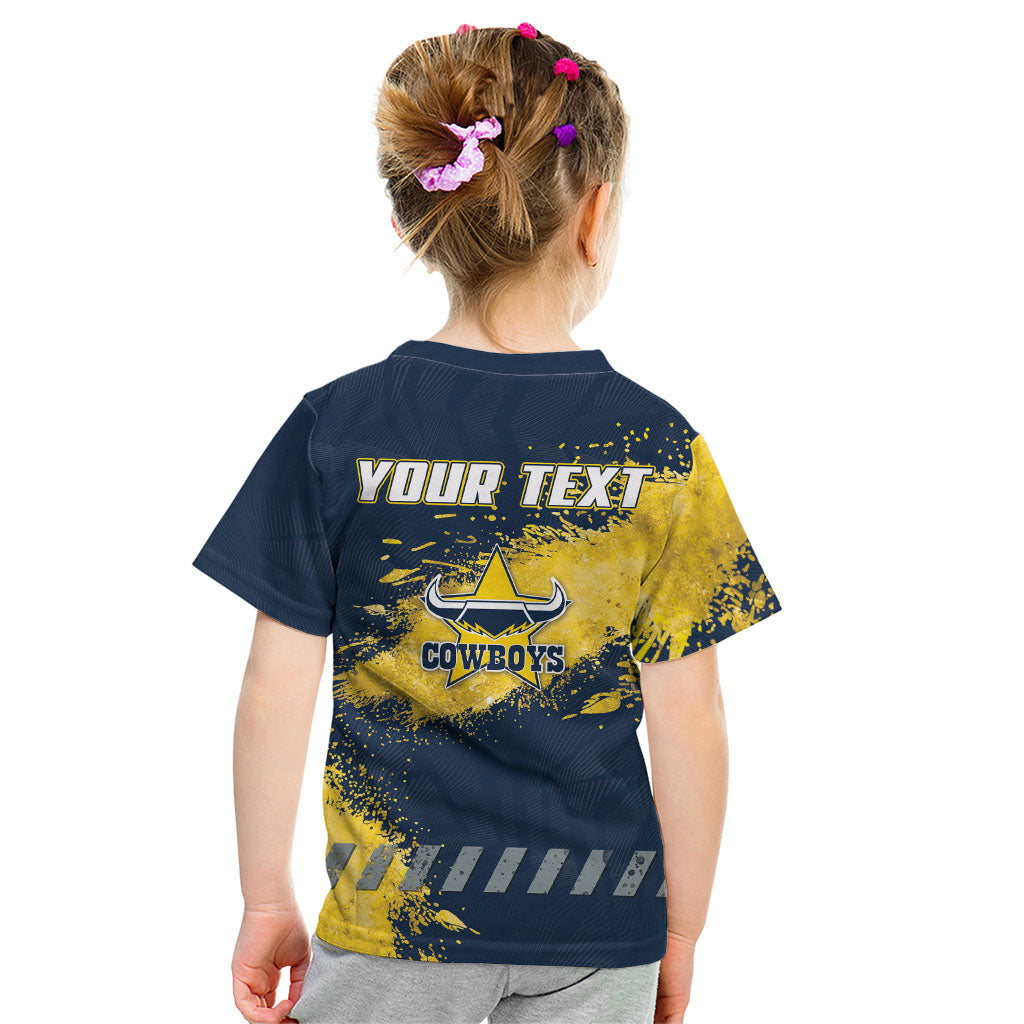 Personalised North Queensland Cowboys Rugby Kid T Shirt Wolf Mascot - Sporty Splash Art Style