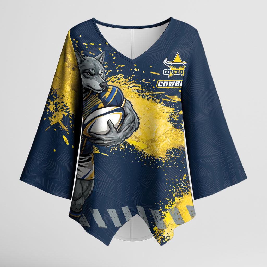 Personalised North Queensland Cowboys Rugby Kimono Sleeve Blouse Wolf Mascot - Sporty Splash Art Style