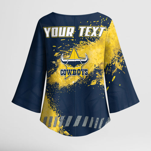 Personalised North Queensland Cowboys Rugby Kimono Sleeve Blouse Wolf Mascot - Sporty Splash Art Style