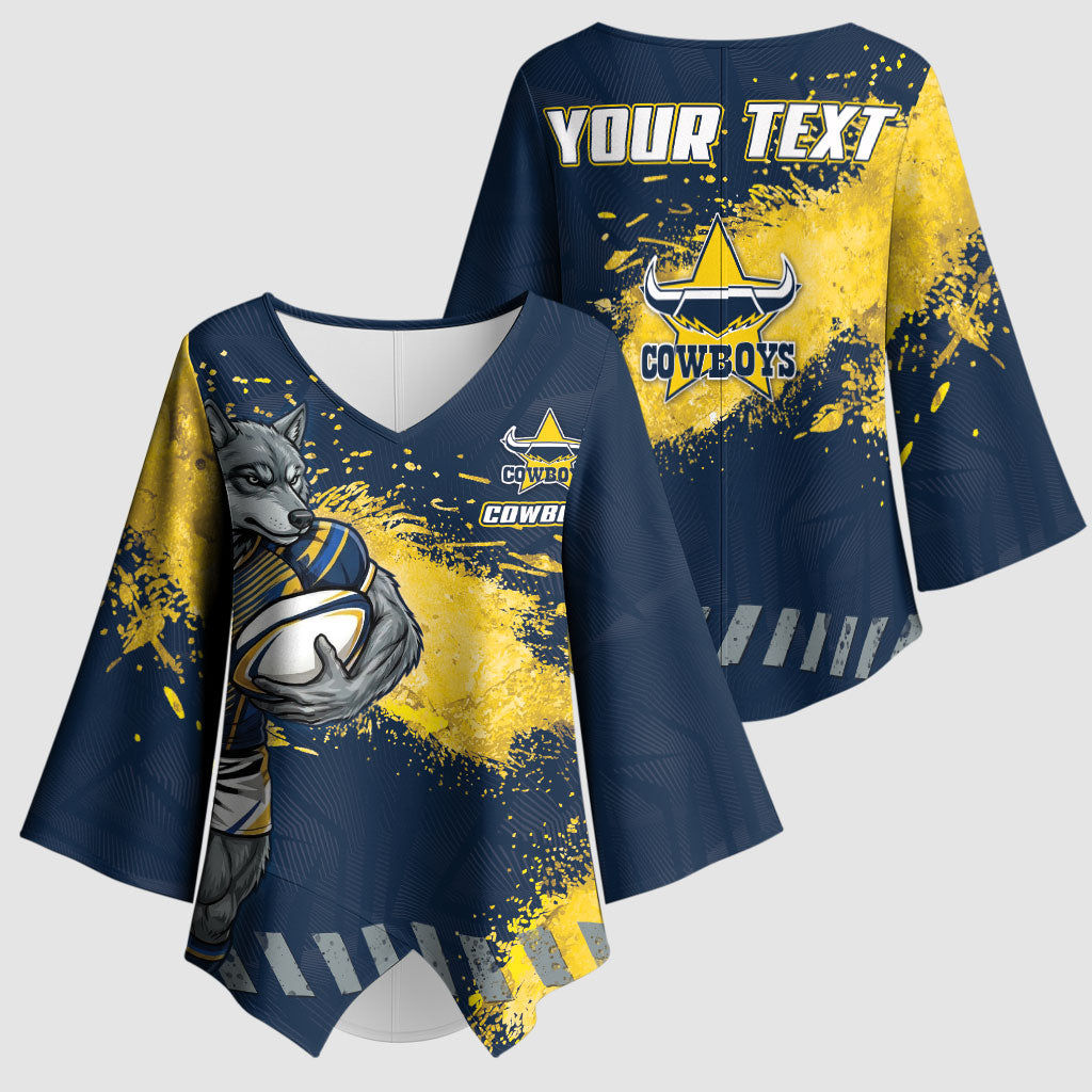 Personalised North Queensland Cowboys Rugby Kimono Sleeve Blouse Wolf Mascot - Sporty Splash Art Style