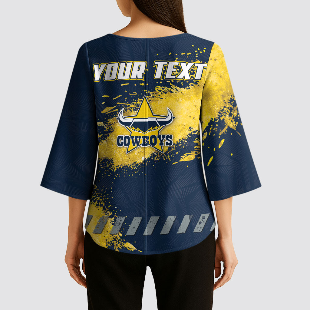 Personalised North Queensland Cowboys Rugby Kimono Sleeve Blouse Wolf Mascot - Sporty Splash Art Style