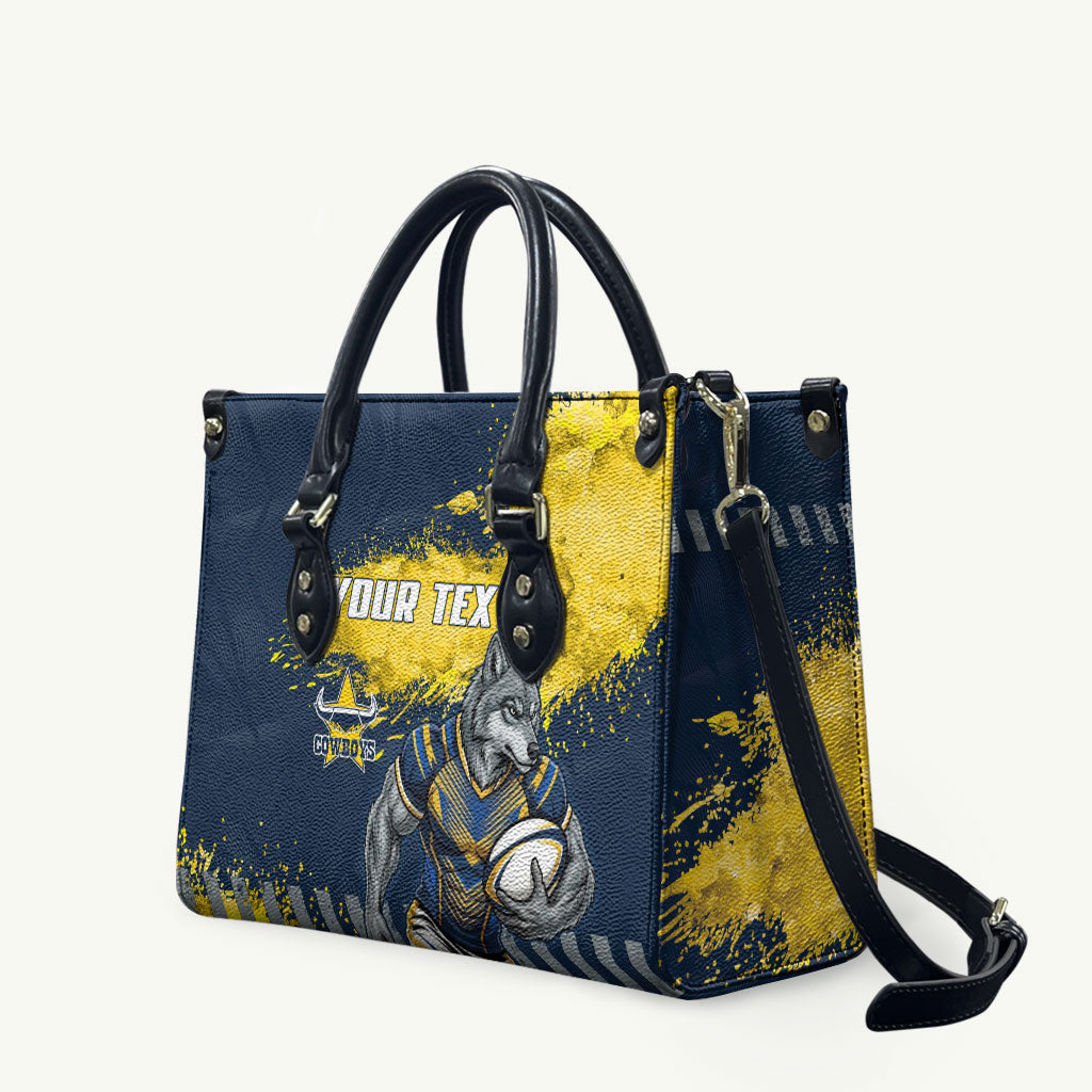 Personalised North Queensland Cowboys Rugby Leather Bag Wolf Mascot - Sporty Splash Art Style