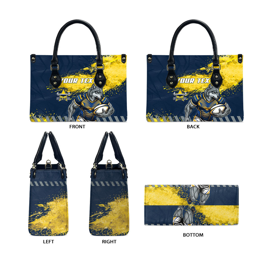 Personalised North Queensland Cowboys Rugby Leather Bag Wolf Mascot - Sporty Splash Art Style
