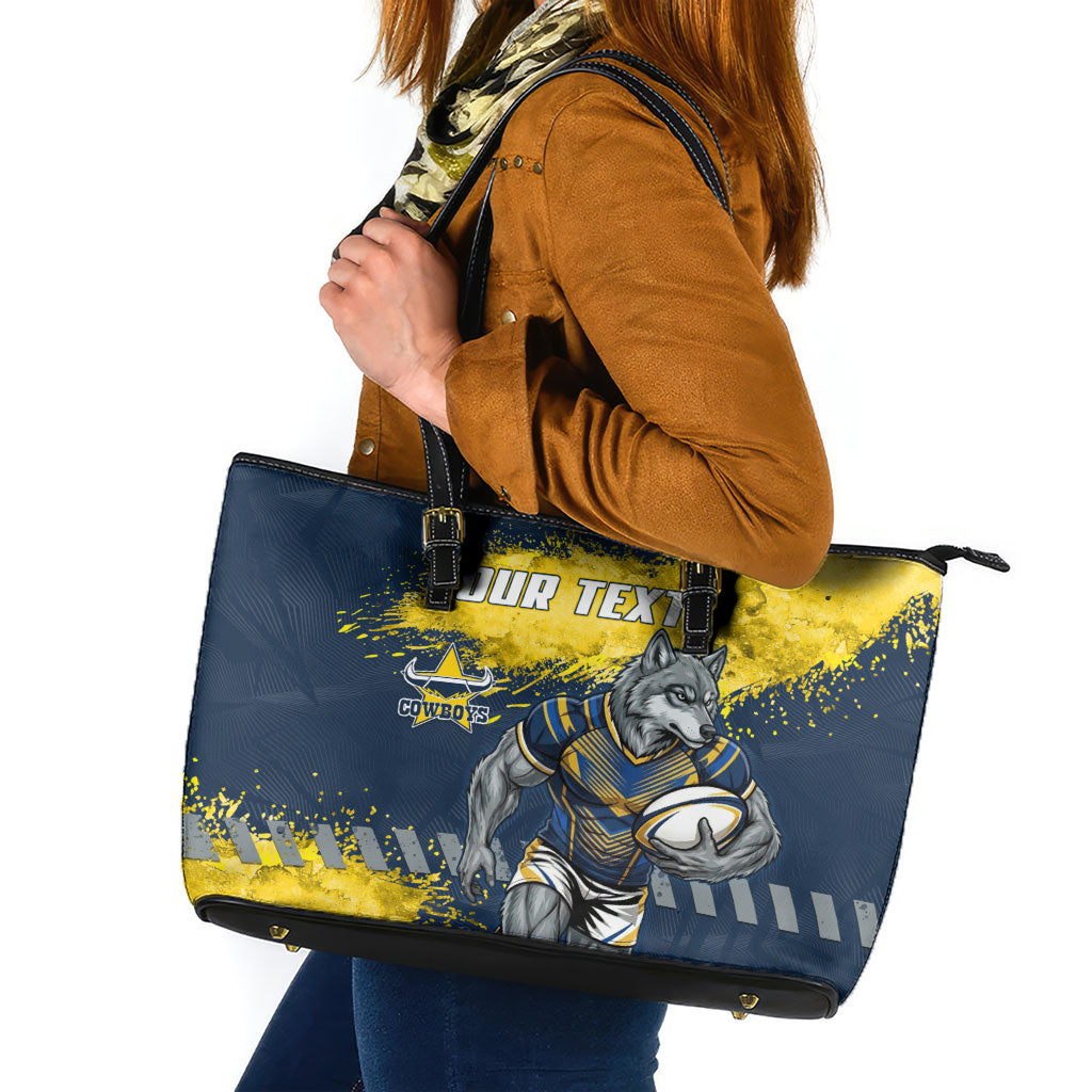 Personalised North Queensland Cowboys Rugby Leather Tote Bag Wolf Mascot - Sporty Splash Art Style