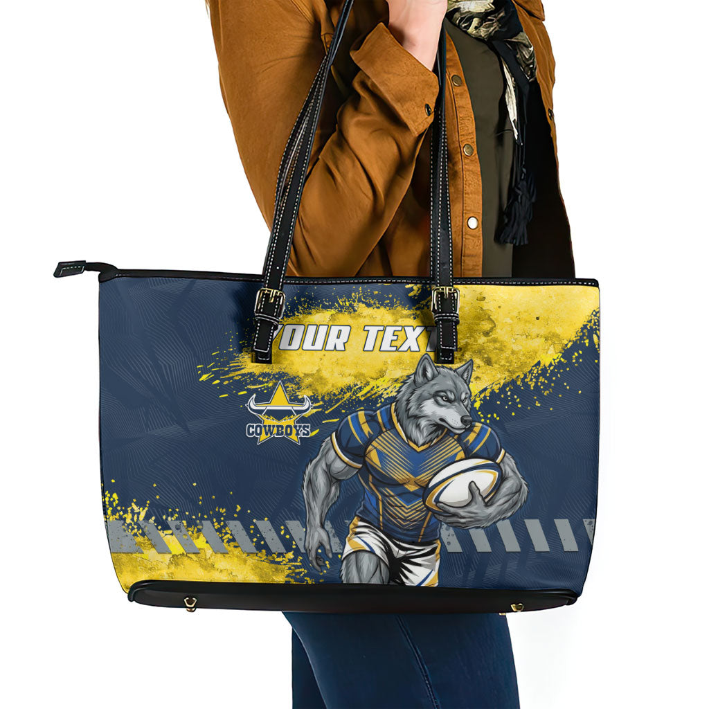 Personalised North Queensland Cowboys Rugby Leather Tote Bag Wolf Mascot - Sporty Splash Art Style
