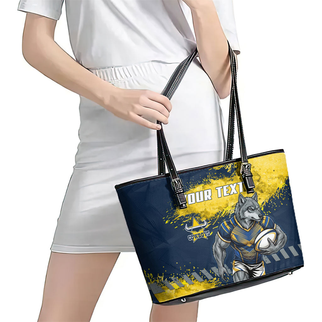 Personalised North Queensland Cowboys Rugby Leather Tote Bag Wolf Mascot - Sporty Splash Art Style