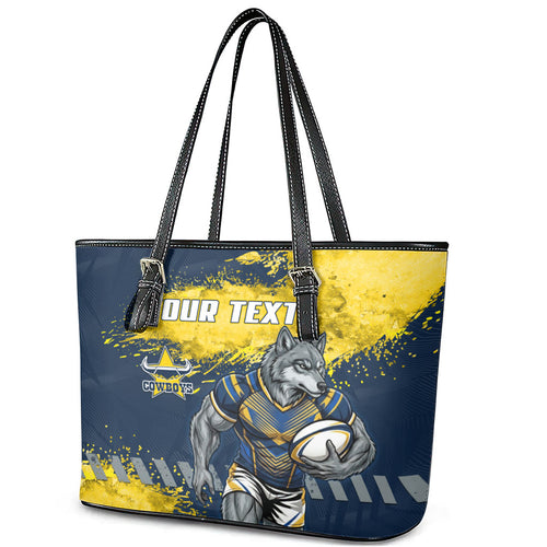 Personalised North Queensland Cowboys Rugby Leather Tote Bag Wolf Mascot - Sporty Splash Art Style