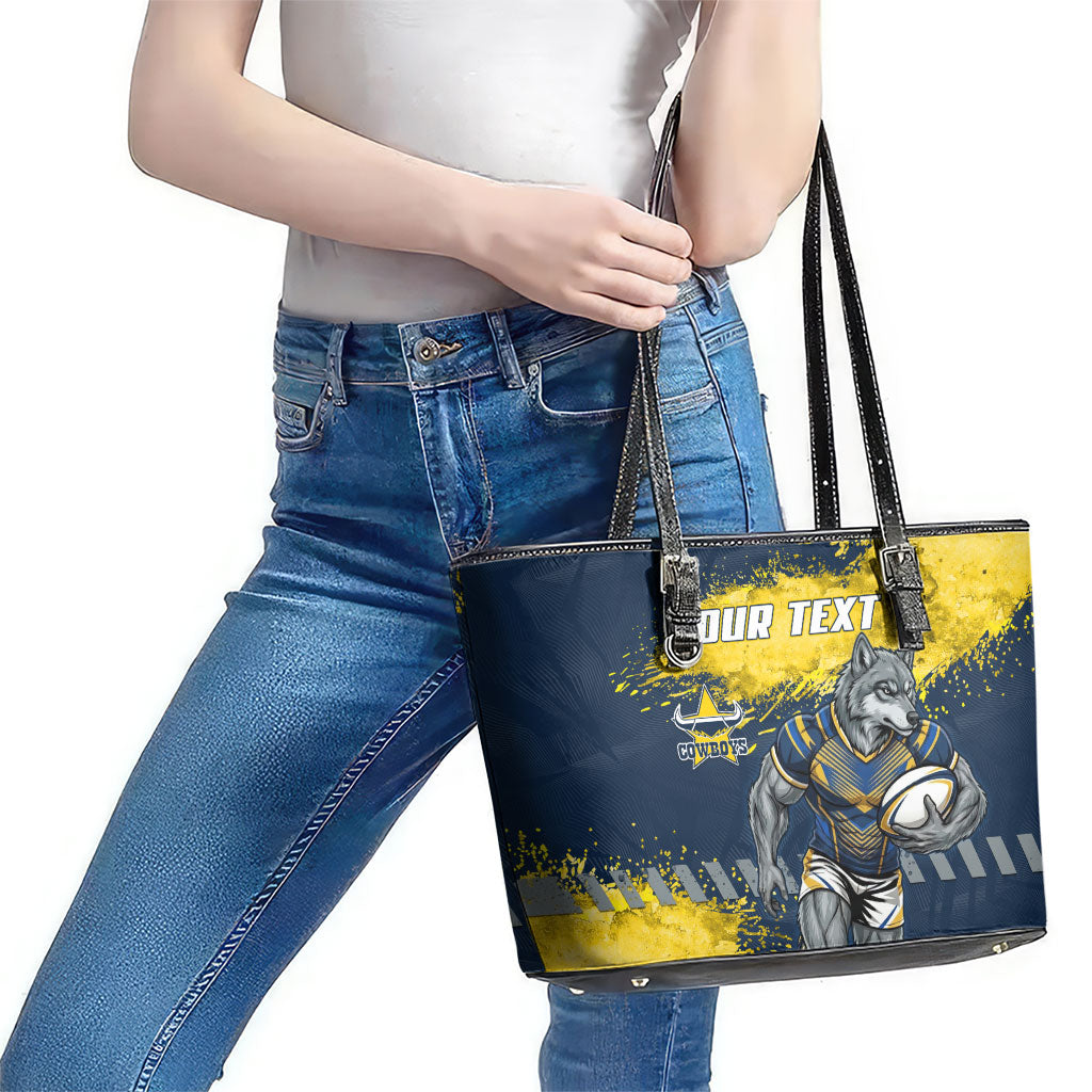 Personalised North Queensland Cowboys Rugby Leather Tote Bag Wolf Mascot - Sporty Splash Art Style